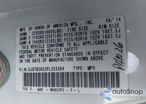 2015 Acura Rdx z USA, uszkodzony, nr VIN 5J8TB3H33FL005564